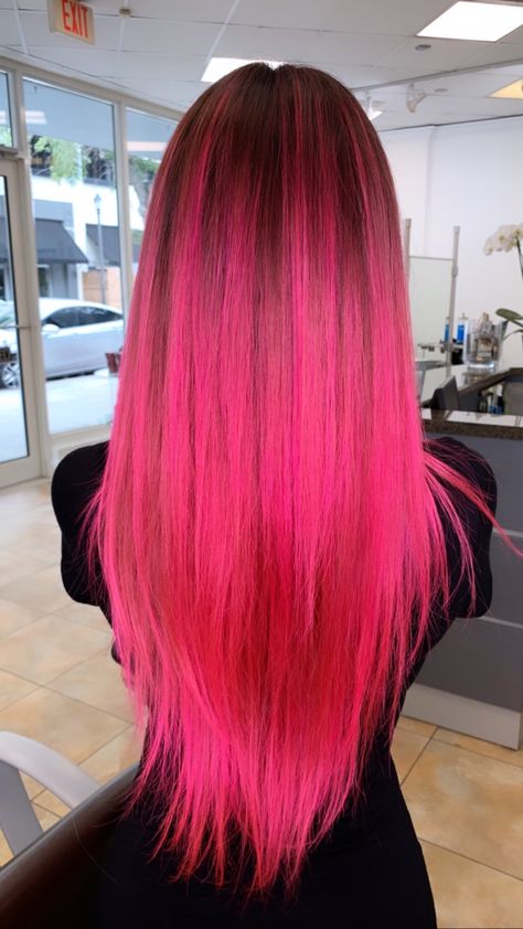 Neon Pink Balayage, Pink Hair Color Ideas For Brunettes Straight Hair, Bright Pink Highlights, Black To Pink Hair, Pink Hair With Black Roots, Pink Hair Dark Roots, Hot Pink Highlights, Magenta Hair Colors, Bright Pink Hair