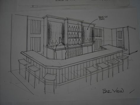 Bar view perspective Design Bar Perspective Drawing, Bar Reference Drawing, Bar Sketch Drawing, Perspective Drawing 1 Point, Bar Blueprints, Room Bar Ideas, People As Cartoons, Bar Sketch, One Point Perspective Room