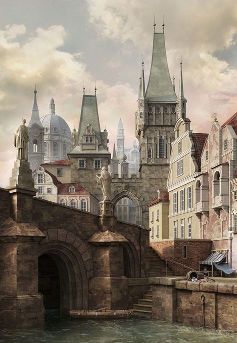 3d render of old Prague, in a water-colour style Pattern Cross Stitch, Century City, Medieval Town, Fantasy Aesthetic, 판타지 아트, Environment Concept Art, Historical Architecture, Medieval Fantasy, Fantasy Landscape