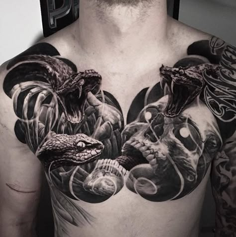 Mik Mak: Image Chest Neck Tattoo, Tortoise Tattoo, Chest Tattoo Drawings, Full Chest Tattoos, Ab Tattoo, Magic Runes, Skull Snake, Torso Tattoos, Skull Sleeve Tattoos