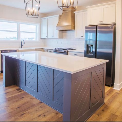 Kitchen Island With Trim, Herringbone Island Kitchen, Paneling Island Kitchen, Kitchen Island Trim Ideas Modern, Chevron Kitchen Island, Kitchen Island Herringbone, Wood Shiplap Island Kitchen, Kitchen Island Back Panel Design, Island Finishing Ideas