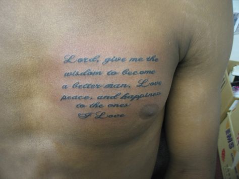 I like this tattoo for a guy Writing Images Pictures, Chest Tattoo Words, Serenity Prayer Tattoo, Fantastic Tattoo, Chest Tattoos For Men, Wolf Tattoo Forearm, Tattoo Chart, Family Tattoos For Men, Ace Tattoo