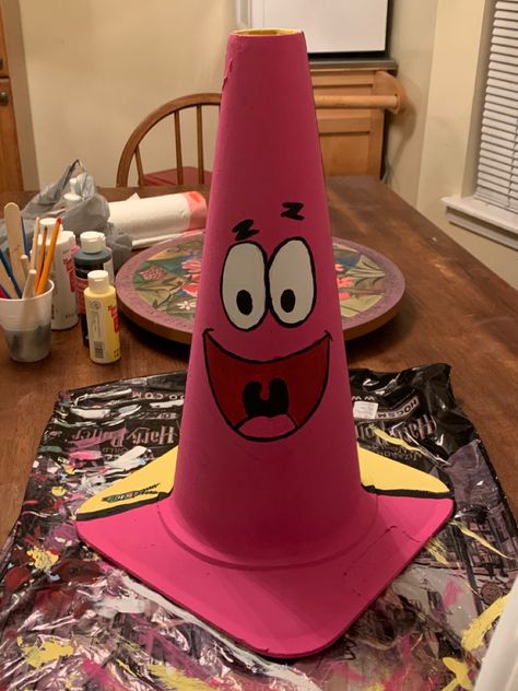 Patrick Traffic Cone, Patrick Star Traffic Cone Painting, Street Cone Painting, Painting Traffic Cones Ideas, Traffic Cone Decoration Ideas, Traffic Cone Art Paint, Traffic Cone Painting Ideas, Traffic Cone Painted, Patrick Spongebob