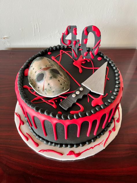 Slasher Cake Ideas, Horror Themed 40th Birthday, Jason Birthday Cake, Jason Cake Friday The 13th, Friday The 13th Birthday Cake, Michael Myers Cake Ideas, Michael Myers Birthday Cake, Jason Voorhees Cake, Horror Birthday Cakes