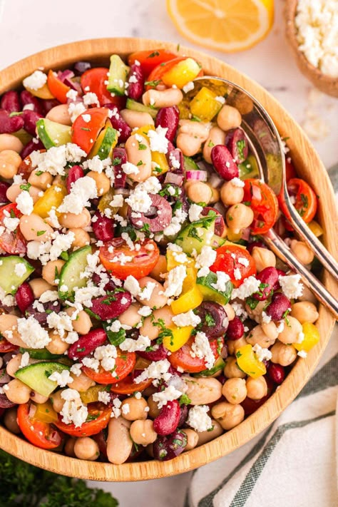 Mediterranean Bean Salad {perfect for meal prep & potlucks!} Quinoa Bean Salad Recipes, Mediterranean Garbanzo Bean Recipes, Mediterranean White Bean Salad, High Protein Bean Salad Recipes, High Fiber Bean Salad, Dense Bean Salad Dressing, Sense Bean Salad, Meal Prep Beans, Bean And Pasta Salad