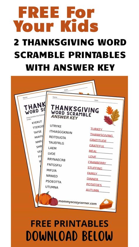 Check out these 2 free Thanksgiving Word Scramble Printables With Answer Key. These are great Thanksgiving printables for kids. Halloween Word Search Printables, Thanksgiving Word Scramble, Thanksgiving Word Search, Free Download Printables, Free Worksheets For Kids, Scramble Words, Halloween Word Search, Thanksgiving Words, Word Search Printables