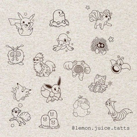 Unique Pokemon Tattoo, Aesthetic Pokemon Tattoo, Small Matching Pokemon Tattoos, Ponyta Pokemon Tattoo, Pokemon Patchwork Tattoo, Fire Pokemon Tattoo, Simple Pokemon Tattoo Ideas, Clefable Tattoo, Pokemon Line Art Tattoo