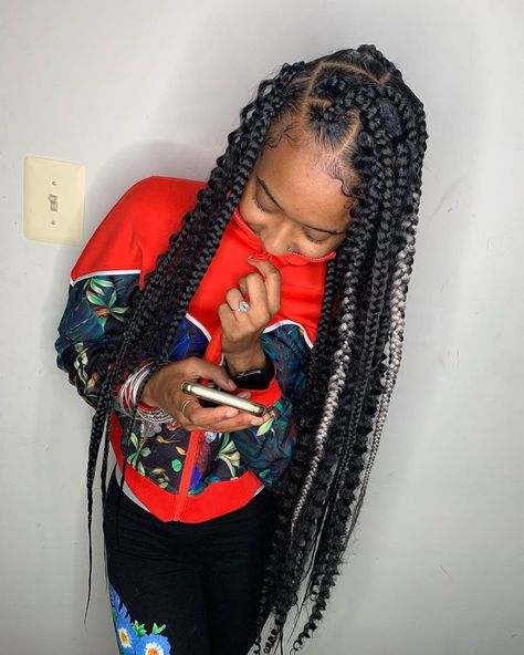 Large Knotless Boho Braids 😍 Book Now Under Knotless Braids ! Like & Comment ❤️ #dmv #4braids #naturalstyles #knotless #bohemium #pretty… Smedium Boho Knotless Knee Length, Large Bohemian Knotless Braids, Knotless Boho Braids With Bow, How To Maintain Boho Knotless Braids, Boho Knowles’s Braids, Boho Knotless Braids Bow Style, Feed In Braids Ponytail, Braids Pictures, Tan Skin Blonde Hair