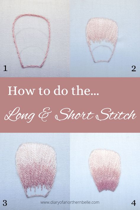 Embroidery Stitches Long And Short, Long And Short Embroidery Stitch, Long And Short Stitch Embroidery Design, Long And Short Stitch, Embroidery Leaf, Embroidery Needles, Long Shorts, Satin Stitch, Pink Tone