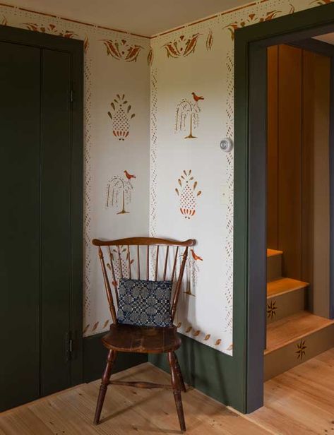 Hope Angier Hand Stenciled Walls, Early American Wallpaper, Colonial Stenciled Walls, Colonial Mural, Early American Stencils, Colonial Stencils, Primitive Wallpaper Border, Colonial Wallpaper Early American, Restoring Old Houses