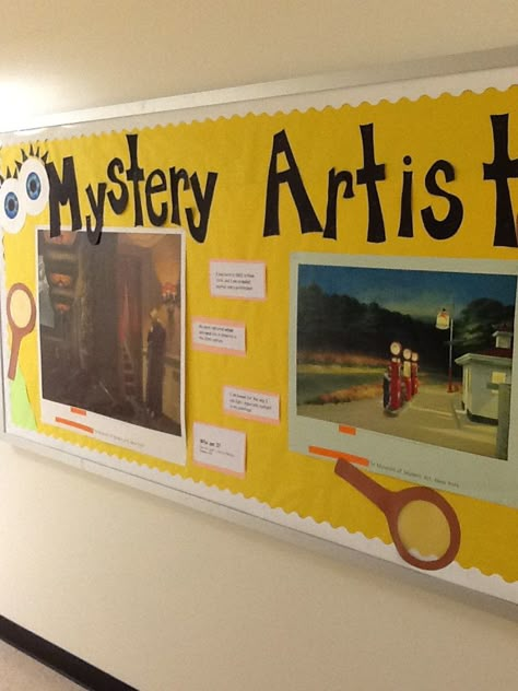 "Mystery Artist Bulletin board". (Elementary) Every month there is a new mystery artist with a few of their works and clues about them. Students put their guess in the art room to enter to win a drawing. I pick two students every month. This has really gotten students excited about learning about artists/ art history. Compliment An Artist Station, Artist Bulletin Board, Bulletin Board Elementary, Instagram Bulletin Board, Poets Quotes, Art Bulletin Boards, Art Room Posters, Art Classroom Management, Elementary Art Rooms