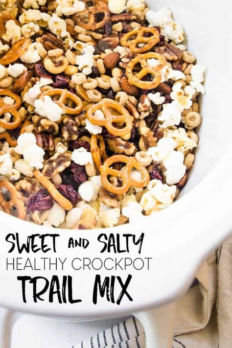 SWEET & SALTY CROCK POT HEALTHY TRAIL MIX | Happy Food, Healthy Life Trail Mix Healthy, Crock Pot Healthy, Vegan No Bake Cookies, Trail Mix Recipe, Healthy Trail Mix, Vegan Crockpot Recipes, Slow Cooker Apple Butter, Vegan Crockpot, Dessert Hummus