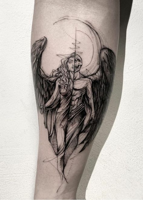 black-and-white-tattoo-of-a-woman-half-angel-half-demon-tattoo-forearm-tattoo Angel Demon Tattoo, Angel Sleeve Tattoo, Angel Devil Tattoo, Fallen Angel Tattoo, Guardian Angel Tattoo, Only Angel, Sketch Style Tattoos, Angel Demon, Evil Tattoos