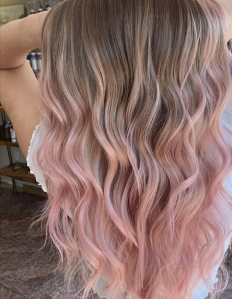 Light Pink Hair Styles, Light Pink On Brown Hair, Light Dusty Pink Hair, Baby Pink Highlights In Blonde Hair, Light Pink Underneath Hair, Pink Dyed Tips, Pink Highlights In Dirty Blonde Hair, Pink Blonde Balayage, Light Pink Hair Pastel