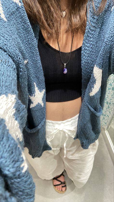 star cardigan <3 Cloud Cardigan Outfit, Star Cardigan, Cardigan Outfit, Cardigan Outfits, Blue Star, Fitness Inspo, Crochet Projects, Crop Tops, Sewing