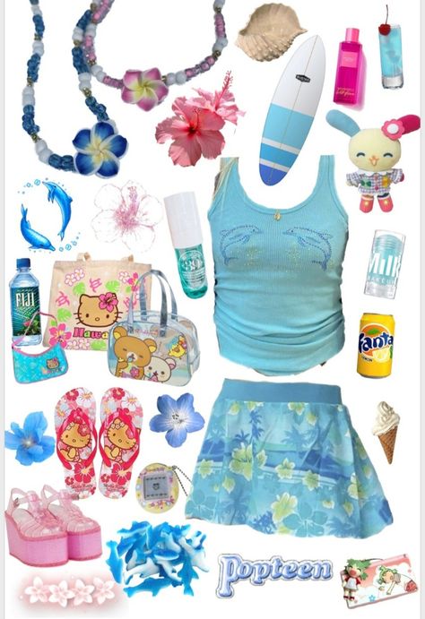 Hibiscus Girl Outfits, Coconut Core Outfit, Tropical Core Clothes, Tropicore Outfits, Beach Gyaru Outfits, Tropical Girl Outfits, Tropical Y2k Outfits, Gyaru Beach Outfit, Shoujo Beach Outfit