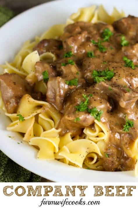 Company Beef is an easy stew beef recipe that uses 5 ingredients and is made with ginger ale and onion soup packet and tastes great served over egg noodles. Venison Stroganoff, Venison Meals, Cooking Venison Steaks, Recipes Venison, Beef Tips And Noodles, Best Beef Stroganoff, Elk Recipes, Easy Beef Stew Recipe, Venison Stew