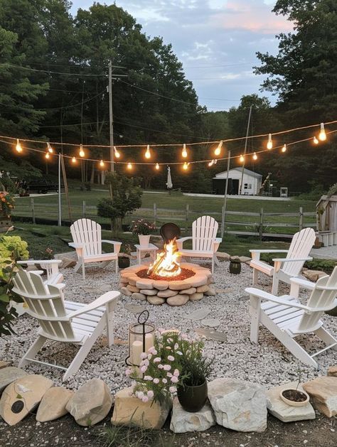 Stunning Home Decor Backyard Firepit And Seating Area, Patio Ideas With Fire Pit, Rock Backyard, Patio With Fire Pit, Backyard Firepit Area, Steel Decor, Outdoor Fire Pit Area, Rustic Fire Pits, Modern Fire Pit