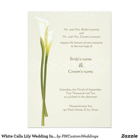 White Calla Lily Wedding Invitation Eco-friendly Calla Lily wedding invitations with elegant white calla lilies on a pale grey background. Easy-to-use template, with space to add your own information. Get the matching reply cards shown below. Calla Lily Wedding Invitations, Calla Lillies Wedding, Purple Calla Lilies Wedding, Bouquet Calla Lily, Travel Theme Wedding Invitations, Wedding Invitations Examples, Lily Wedding Invitations, Bright Wedding Invitations, Vintage Wedding Invitation Cards