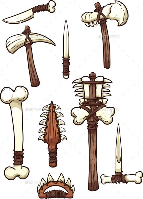 Prehistoric bone weapons. Vector clip art illustration with simple gradients. Each on a separate layer. EPS10 file included. Bones Cartoon, Hammer Illustration, Stone Age Art, Snake Art, Prehistoric Art, Zombie Survival, Graphics Fairy, Stone Age, Larp