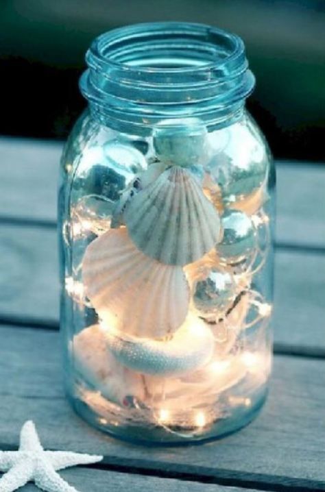 String Lights & Shells In Mason Jar Strand Decor, Mermaid Bathroom Decor, Selling Ideas, Dekor Diy, Painted Shells, Diy Simple, Jar Diy, Decoration Stickers, Sea Theme