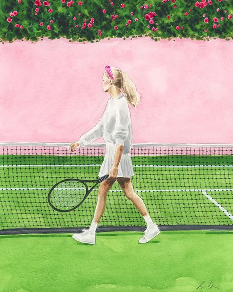 ART PRINT Tennis Girl Pink and Green Preppy Sporty Fashion | Etsy Hungary Pink Tennis Court, Tennis Art Painting, Pink And Green Painting, Tennis Bedroom, Tennis Painting, Pink And Green Watercolor, Pink Vines, Tennis Wallpaper, Watercolor Fashion Illustration