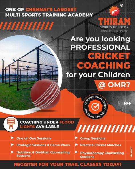 Thiram Sports Academy | Professional Cricket Coaching at Semmanchery, OMR, Chennai Professional Coaching, Cricket Academy, Cricket Field, Travel Brochure Design, Cricket Coaching, Sports Academy, Cricket Poster, Cricket (sports), Training Academy