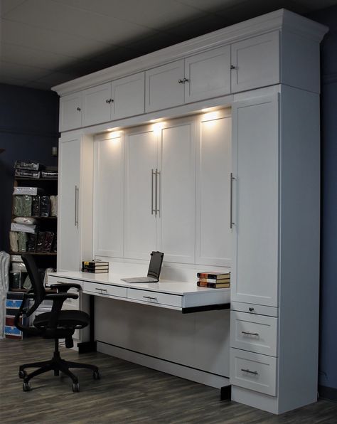 King Murphy Bed, Murphy Bed With Desk, Murphy Bed Office, Murphy Desk, Guest Bedroom Office, Guest Bedroom Home Office, Murphy Bed Desk, Bookcase Lighting, Wall Beds