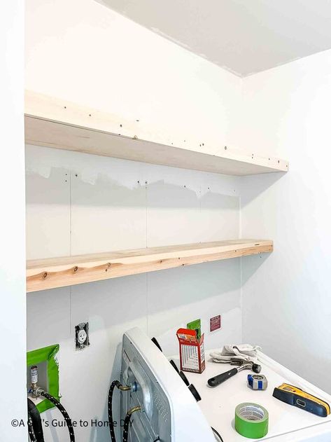 Diy Shelf Laundry Room, Shelf Over Laundry Sink, Open Laundry Room Shelves, Open Shelving Laundry Room, Shelves Above Sink, Build Laundry Room, Laundry Room Refresh, Weathered Oak Stain, Laundry Shelves