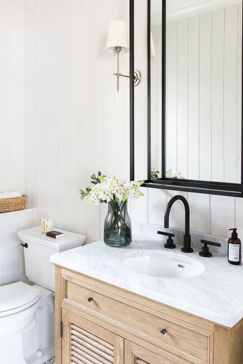 Mcgee Bathroom, Studio Mcgee Bathroom, Restroom Remodel, Tongue And Groove Panelling, Walk In Shower Designs, White Shiplap Wall, Downstairs Bathroom, Studio Mcgee, Bathroom Renos