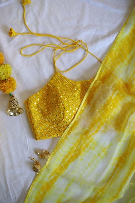 Yellow Organza Shibori Tie and Dye Saree Yellow Mirror Work Saree, Yellow Tie Dye Saree, Tie Dye Saree, Mirror Work Fabric, Tie And Dye Saree, Sleeveless Blouse Designs, Haldi Dress, Ethnic Wears, Shibori Sarees