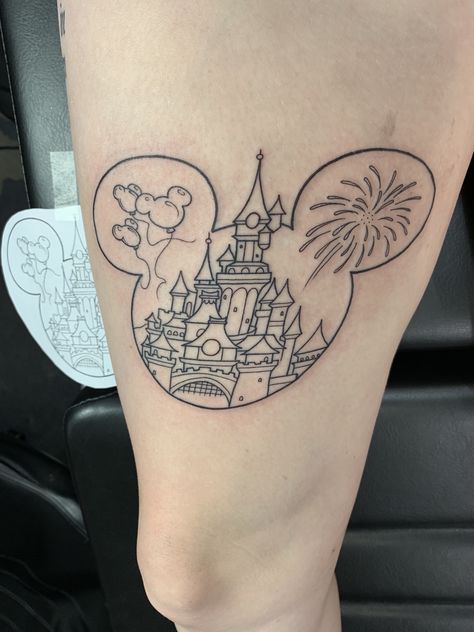 Disney Castle Tattoo #disney #tattoo #thightattoo #disneytattoos #castle Disney Castle Fireworks Tattoo, Large Disney Tattoos, Disney Castle Outline Tattoo, Disney World Castle Tattoo, Cinderella Castle Tattoo, Disney World Tattoo, Disney Castle Outline, Firework Tattoo, Disney Castle Tattoo