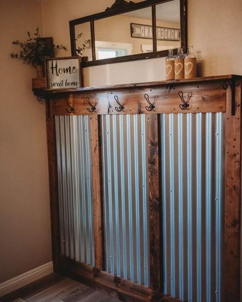 Tin Walls Rustic, Tin And Wood Walls, Barn Tin Wall, Galvanized Tin Walls, Rustic Mudroom, Rustic Wainscoting, Tin Wainscoting, Corrugated Metal Wall, Western Farmhouse