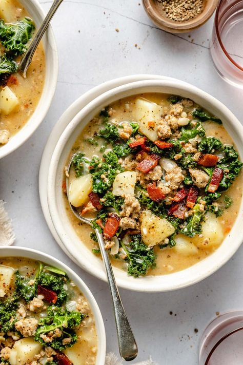 Whole30 Zuppa Toscana Soup - All the Healthy Things Dairy Free Zuppa Toscana, Healthy Zuppa Toscana Soup, Healthy Zuppa Toscana, Olive Garden Soup, Whole30 Soup, Whole 30 Soup, All The Healthy Things, Whole30 Soup Recipes, Garden Soup