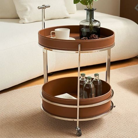 Tea Trolley Ideas, Bar Trolley Styling, Round Bar Cart, Modern Bar Cart, Bar Trolley, Rolling Bar Cart, Tea Trolley, Serving Trolley, Leather Tray