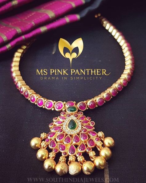 Classic gold plated ruby attigai mspinkpantherjewel Dollar Chain, Ruby Necklace Designs, Haram Designs, Gold Haram, Royal Ruby, Blouses Designs, Simple Jewellery, Gold Jewelry Simple Necklace, Long Pearl Necklaces