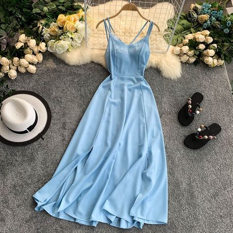 Lucuna Plain Strappy Midi A-line Dress | YesStyle Spaghetti Strap Dress Summer, Vestidos Dresses, Slim Long Dress, Mode Ulzzang, Chiffon Dress Short, Beach Holiday Dresses, Long Skirt Fashion, Short Dress Styles, Gaun Fashion