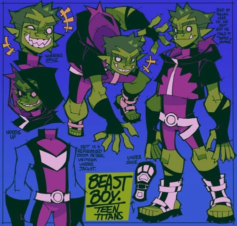 Character Design Superhero, Dc Oc Character Design, Character Redesign, Dc Titans Fanart, Teen Titans Character Sheet, Beast Boy Teen Titans Go, Dc Robin Redesign, Teen Titans Characters, All Spiderman