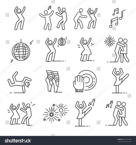 Set of dancing Related Vector Line Icons. Includes such Icons as disco, dance, ballet, music, breakdancing, fireworks, slow dance, discolor Line#Icons#Includes#Vector People Dancing Drawing, Dancing People Tattoo, Dancing Tattoos, Dancing Tattoo Ideas, Dance Doodle, Dancing Doodle, Dancing Icon, Disco Tattoo, Comic Style Poster