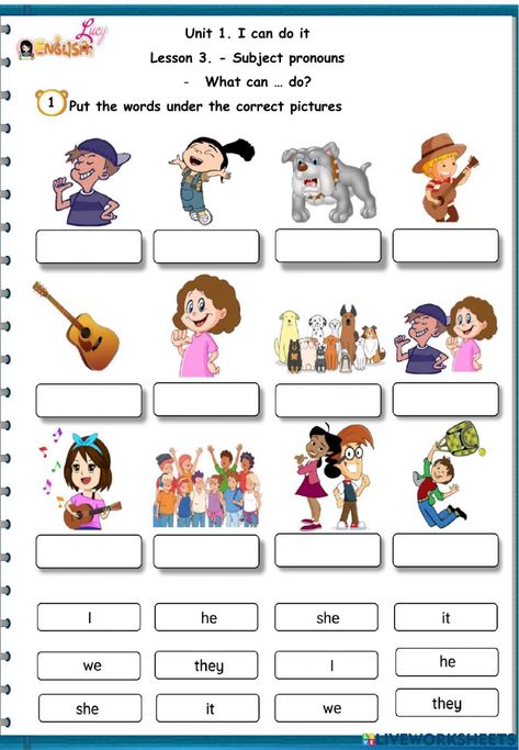 Academy stars 1 activity Pronounce Worksheet, Subject Pronouns Worksheet, Pronouns Exercises, Pronoun Activities, Lkg Worksheets, Subject Pronouns, Personal Pronouns, Kids Worksheets Preschool, English Exercises