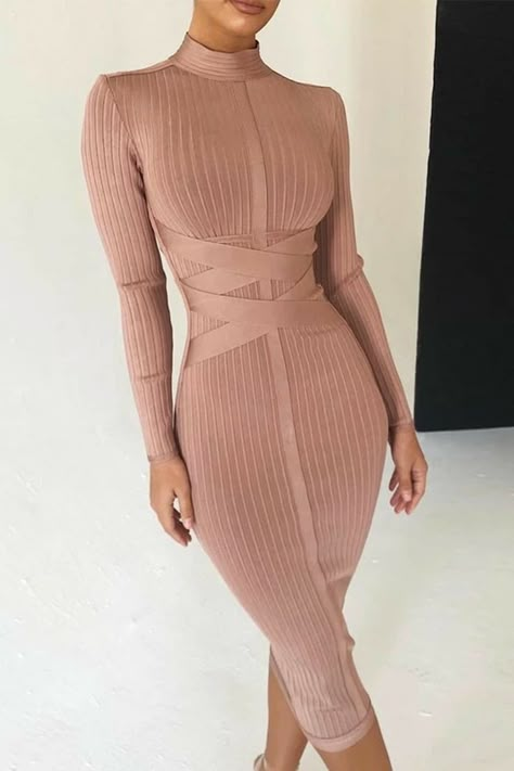 Long Sleeve Bandage Dress, Night Club Dress, Bandage Midi Dress, Bandage Dress Bodycon, Dresses 2020, Ribbed Dresses, Club Dresses, Bandage Dress, Womens Midi Dresses