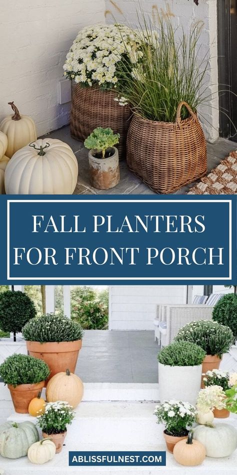 Pumpkin Arrangement Front Porch, Fall Winter Planter Ideas, Fall Container Ideas, Fall Potted Plants Front Porches, Fall Planters Front Porches, Planters For Front Porch, Winter Front Porch Decor, Potted Mums, Outdoor Interior Design