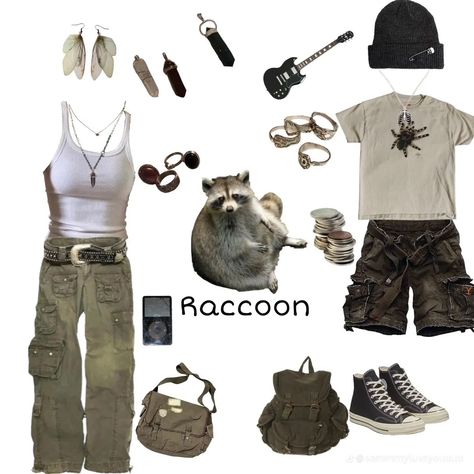 Trashcore Aesthetic Outfits, Raccoon Aesthetic Outfit, Raccoon Outfit Aesthetic, Raccoon Inspired Outfit, Raccoon Outfit, Raccoons In Clothes, Raccoon Accessories, Raccoons Doing Human Things, Raccoon Clothes