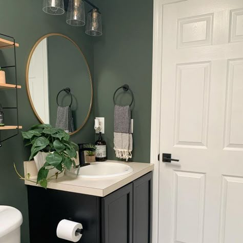 Foxhall Green, Green Small Bathrooms, Olive Green Bathrooms, Green Bathroom Paint, Dark Green Bathrooms, Green Bathroom Decor, Green Accent Walls, Texas House, Green Walls