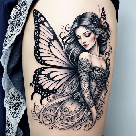 Elegant Fairy Ink Design Black ink fairy with detailed wings and flowing hair, complemented by clean lines and stars, creating a timeless and magical tattoo. 🌟🧚‍♀️ #FairyTattoo #TattooInspiration #BlackInkDesign #SophisticatedArt #tattooinspirationworld #tattooartist #tattoodesign #tattooart #tattooideas #ink #inktattoo #handmade #custom #artoftheday #artofthebody #creative #instaart #instagood #picoftheday #instadailypost #stunning #beautiful #femininetattoo #inspiration #inspirationa... Fairy Wings Tattoo Designs, Fantasia Fairies Tattoo, Flowers And Fairies Tattoo, Detailed Fairy Tattoo, Fairy Butterfly Tattoo, Butterfly Fairy Tattoo, Butterfly Fairy Tattoo Designs, Fairy Wing Tattoos, Dynamic Tattoo