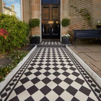 Path Tiles  |  Original Style Victorian Front Garden, Front Path, Victorian Porch, Victorian Floor Tiles, Victorian Floor, Porch Tile, Dover White, White Victorian, Victorian Tiles