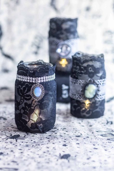 Gothic Party Centerpieces, Lace Party Decorations, Gothic Birthday Party Decorations, Gothic Crafts Diy, Goth Party Decorations, Gothic Party Decorations, Diy Gothic Candle Holders, Gothic Birthday Party, Diy Halloween Candle Holders