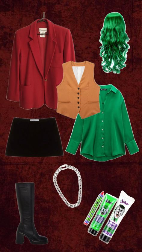 #fit #outfit #halloween #makeup #joker #scary #costume #wig #inspiration #red #green #aesthetic #fall #autumn #skirt #boots Joker Inspired Outfit, Halloween Makeup Joker, Red Green Aesthetic, Joker Scary, Wig Inspiration, Joker Halloween Costume, Autumn Skirt, Joker Halloween, Skirt Boots