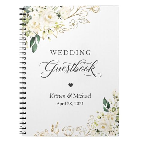 Ad: Greenery White Rose Gold Floral Wedding Guestbook. (1) For further customization please click the "customize further" link and use our design tool to modify this template. (2) If you need help or matching items please contact me. #guestbook #wedding #elegant #flowers #bridal #shower #baby #greenery #gold #white #roses #peonies #Notebook Floral Book Cover, Notebook Wedding, Wedding Guest Book Table, Wedding Guest Signing, Bridal Shower Guest Book, Elegant Wedding Flowers, Floral Notebook, Bridal Shower Flowers, Zazzle Wedding