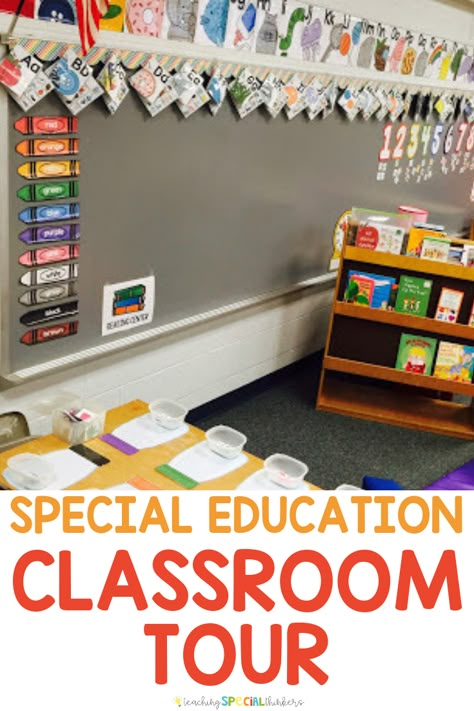 Need set-up ideas for your elementary special education classroom? This classroom tour is packed with photos and ideas for how to set up a space dedicated to your students needs. Lots of structure, visuals, and centers in this space. #backtoschool #classroomtour Special Education Classroom Setup, Asd Classroom, Elementary Special Education Classroom, Special Ed Classroom, Special Education Ideas, Ed Classroom, Elementary Special Education, Classroom Tour, Life Skills Classroom